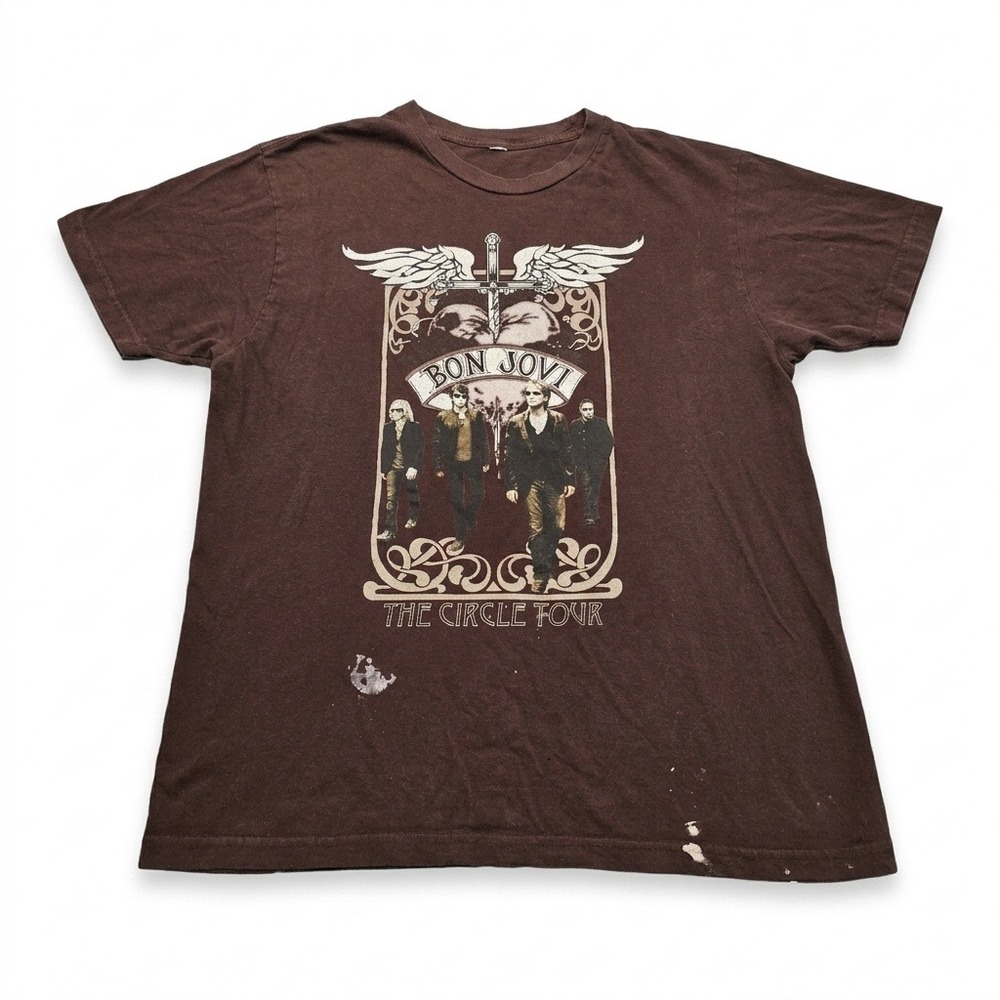Bon Jovi The Circle Tour 2010 Concert Graphic T-Shirt Brown Mens L Distressed